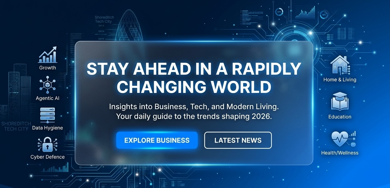 Professional navy and blue hero banner for ovblog.co.uk featuring 2026 UK small business and technology trends.